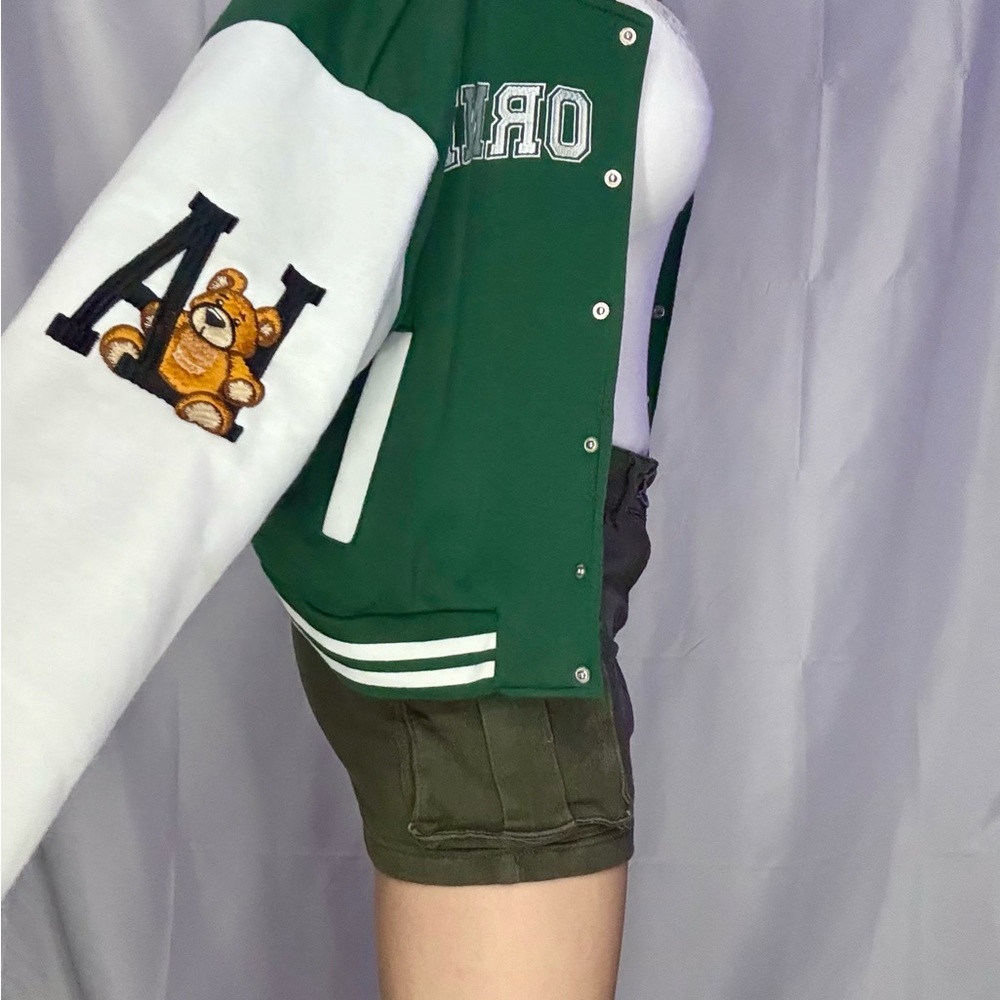 Green and White Varsity Jacket with Bear Patch